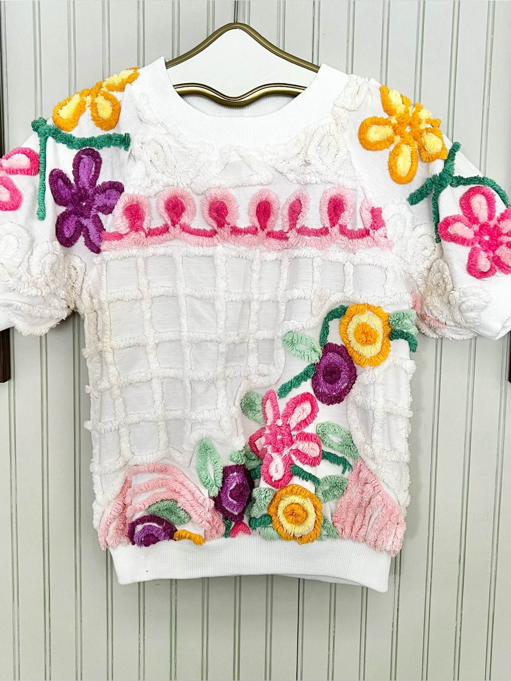 Damze San Diego Vintage Chenille 3D Floral Window Grid Short Sleeve Top